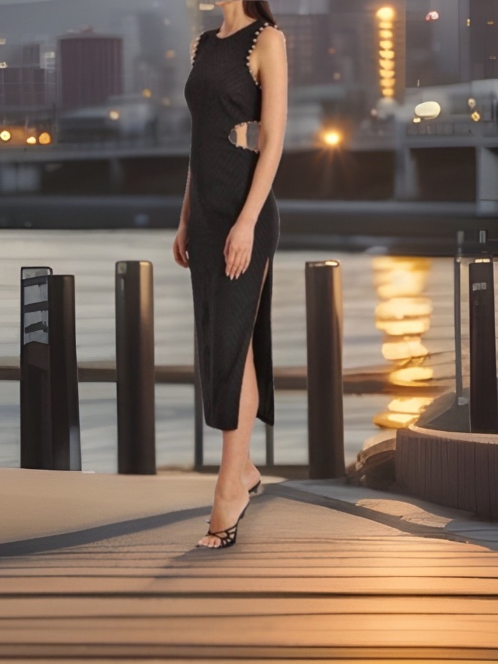 Avec Les Filles Black Sleeveless Midi Dress with Side Cutouts